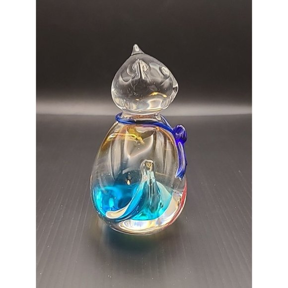 Vintage Clear‎ And Swirl Glass Cat Gold Fish Bowl Blue Paperweight Figure  4 In - Picture 3 of 10